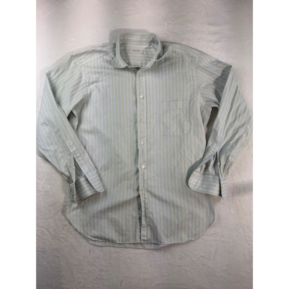 Ermenegildo Zegna Mens Striped Button Down Shirt Blue Green 42 16.5 Cotton